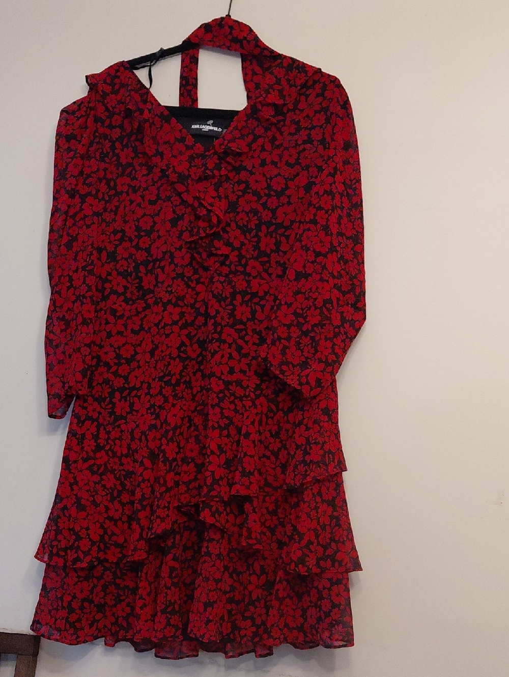 Karl Lagerfeld Red and Black Floral Ruffle Dress